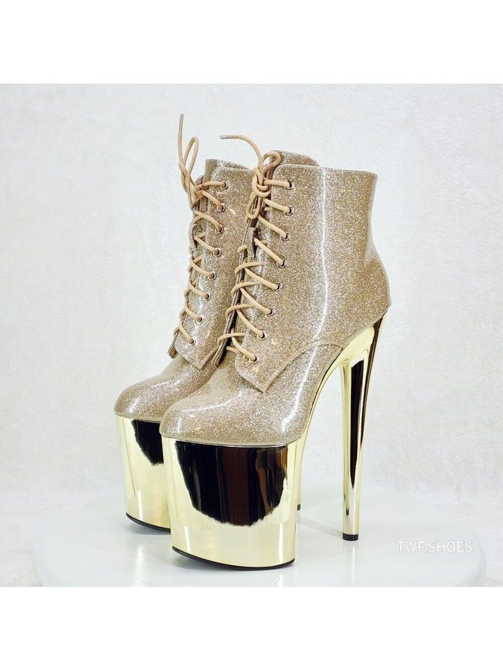 Bulls Gold Glitter Patent Chrome Platform High Heel Ankle Boots